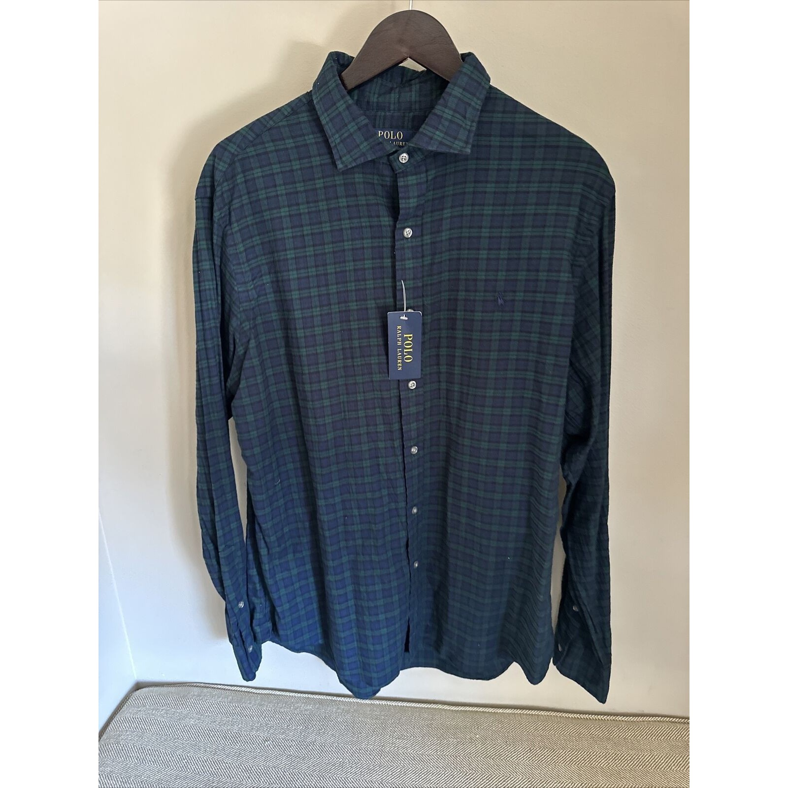 Polo Ralph Lauren Mens Xl Slim Fit Blackwatch Plaid Button Down Shirt Navy Green
